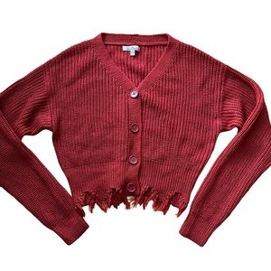 Love Tree Medium knit Button Up Cropped Sweater Cardigan Rust Color DISTRESSED
